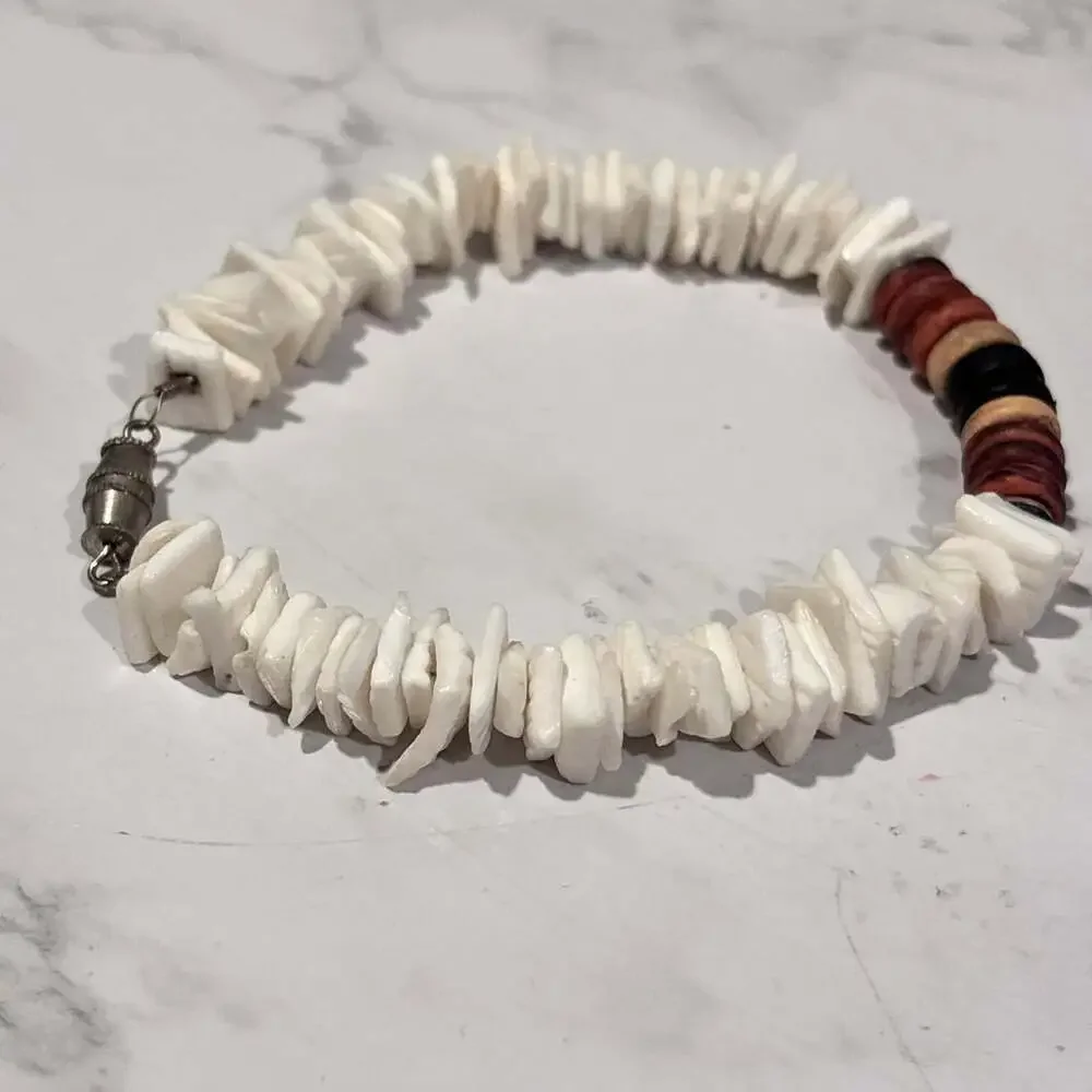 Handmade White Puka Shell Chip and Wood Bead Surfer Bracelet